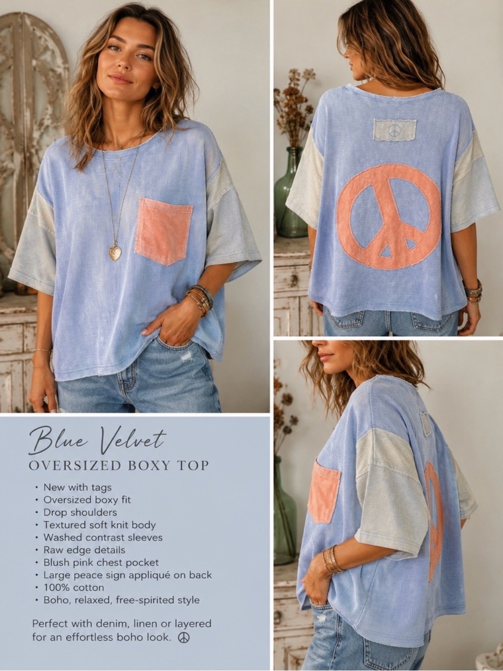 Blue Velvet NWT Colorblock Peace Sign Oversized Top